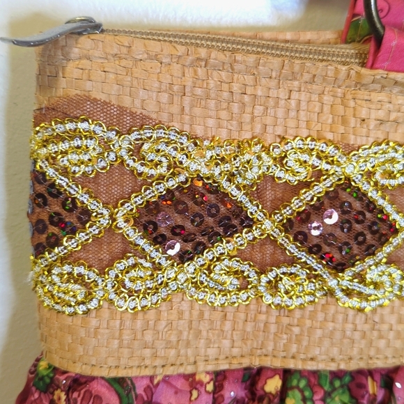 Bohemian Paisley Tote Bag  Multicolor Sequins Glitter Straw Accent - Picture 4 of 11